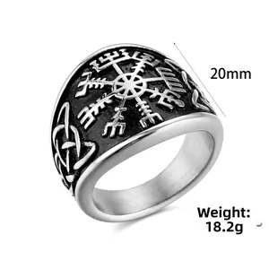 Close-up of Viking Vegvisir ring with Celtic knot patterns, width 20mm and weight 18.2g