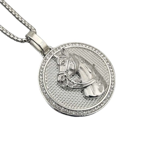 Silver hip hop necklace featuring round horse head pendant with cubic zirconia inlay