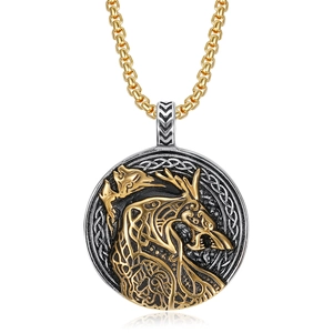Viking wolf head necklace with gold Celtic relief pendant and durable box chain