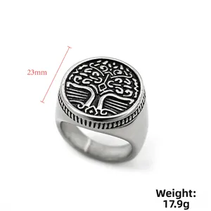Vintage stainless steel Tree of Life signet ring for men with 23mm wide Viking design