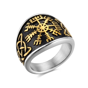 Nordic Viking Compass stainless steel ring with gold relief and Vegvisir symbol