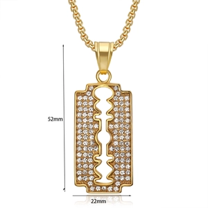 Detailed view of hip hop gold razor blade pendant necklace with sparkling rhinestones