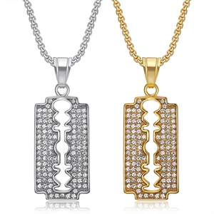 Hip Hop Stainless Steel Razor Blade Pendant Necklace For Men Women Iced Out Rhinestone Blade Fashion Jewelry Accessories