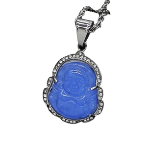 Colgante de Buda Maitreya azul en acero inoxidable con circonitas blancas brillantes