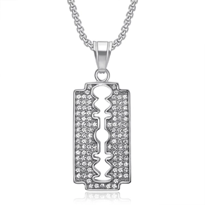 Hip hop razor blade pendant necklace in silver finish with sparkling crystal rhinestones