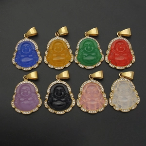 Collier Pendentif Bouddha Rieur en Acier Inoxydable pour Hommes Femmes Plqué Or Strass Bijoux Ethniques Cadeau