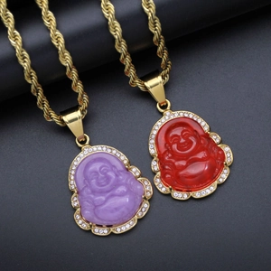 Pendentifs Bouddha rieur dorés avec calcédoine violette et rouge et faux diamants