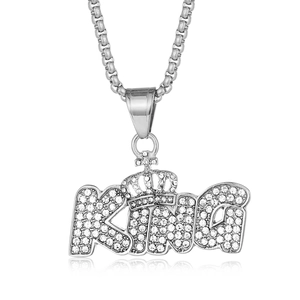 Collana con ciondolo a corona KING argento hip hop con zirconi e catena a scatola