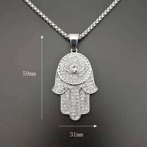 Hip Hop Hamsa Hand pendant necklace in silver with iced-out crystals and evil eye motif
