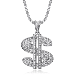 Collier avec pendentif signe dollar argenté style hip hop et cristaux sur chaîne box