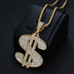 Collier hip hop avec pendentif signe dollar plaqué or et cristaux étincelants