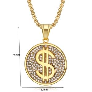 Detailed view of hip hop dollar sign pendant with dimensions 46mm height and 32mm width