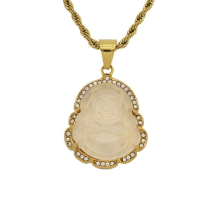 Collier pendentif Bouddha rieur en calcédoine jaune avec strass brillants décoratifs