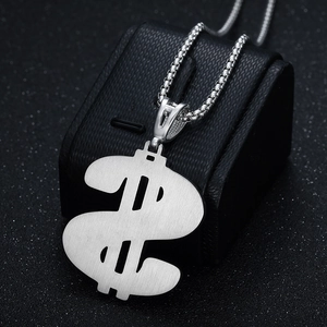 Collier hip hop avec pendentif signe dollar en acier inoxydable brossé et chaîne vénitienne