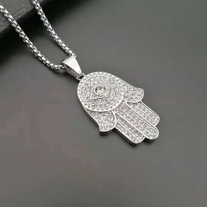 Hiphop silver Hamsa Hand pendant necklace with sparkling rhinestones and evil eye symbol
