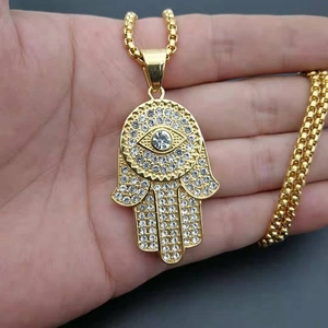 Hiphop gold plated Hamsa Hand necklace with paved rhinestones and Evil Eye pendant
