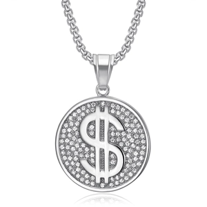 Hiphop silver dollar sign pendant necklace with pavé stones and square link chain
