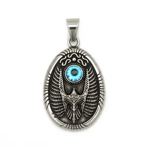 Vintage eagle steel pendant with turquoise blue eye stone, size 42mm x 32mm