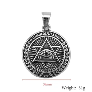 Silver stainless steel Evil Eye pendant necklace with Guardianship engraving on round medal