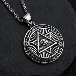 Vintage stainless steel Evil Eye pendant necklace with Guardianship engraving on black stone
