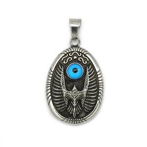 Retro stainless steel eagle pendant with turquoise evil eye in oval vintage finish
