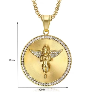 Detail view of gold-plated angel pendant with cubic zirconia and box chain measurements