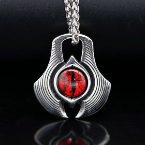 Vintage Punk Teufelsauge Anhänger in antikem Silber mit roter Mitte und Kette