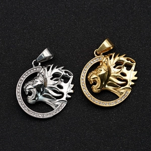 Collier Pendentif Tête de Lion Hip Hop Acier Inoxydable Strass Bijoux Animaux Sauvages Pour Hommes Femmes Or Argent Accessoire