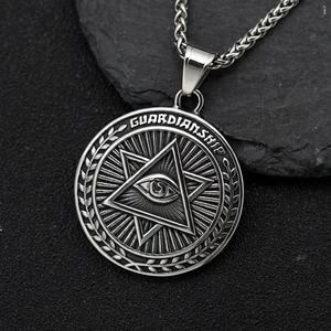 Vintage Stainless Steel Round Pendant Necklace Eye Of Providence Guardianship Hexagram Mystical Polished Jewelry For Unisex