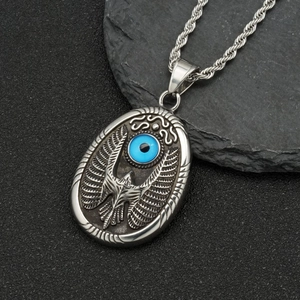 Vintage eagle steel pendant with turquoise evil eye and thick twisted chain necklace