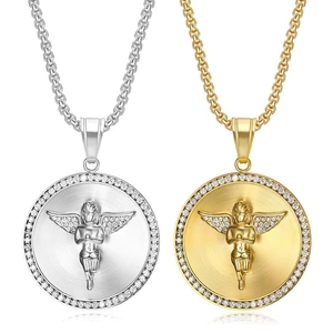 Hiphop Stainless Steel Angel Pendant Necklace For Men Women Iced Out Zirconia Round Medal Gold Silver Plated Jewelry Gift