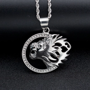 Pendentif tête de lion hip hop en acier inoxydable avec strass blancs et chaîne torsadée