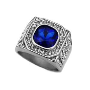 Men's silver stainless steel ring featuring a square blue gem with white crystal pavé