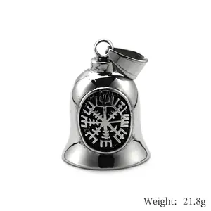 Vintage stainless steel Viking compass bell pendant with rune details and silver finish