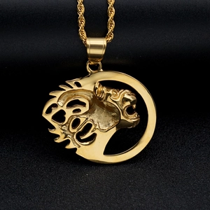 Collier avec pendentif tête de lion doré et chaîne torsadée style hip hop pour homme