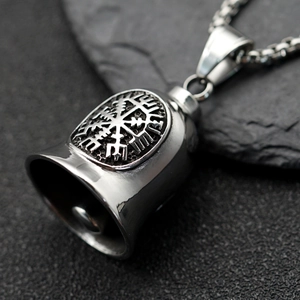 Vintage stainless steel Viking compass bell pendant with rune carvings and chain link