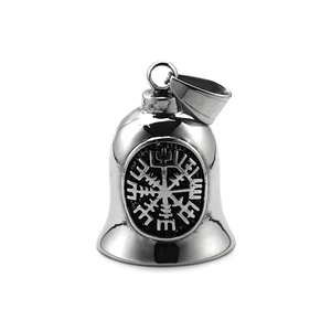 Polished stainless steel Viking Vegvisir compass bell pendant with a classic metal ring
