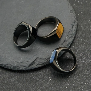 Anello da Uomo Vintage in Acciaio Inossidabile Nero Con Intarsio in Pietra Naturale Occhio di Tigre Lapislazzuli Agata
