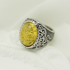 Vintage silver mens ring with oval yellow amber stone and viking floral carvings