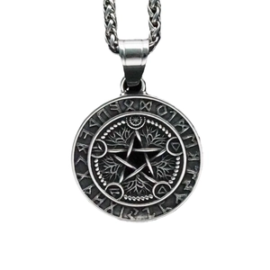Pendentif Viking Odin Pentagramme en argent vintage avec collier de chaîne en blé d'acier