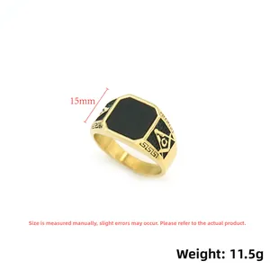 Detailed view of 15mm width octagon black stone ring with Freemasonry side emblems