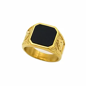 Detail view of vintage Viking steel ring featuring a square black stone and 15mm width