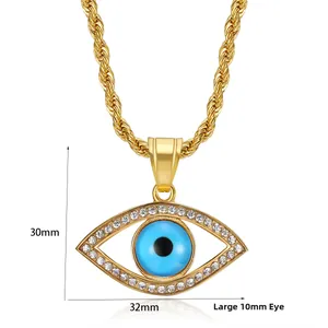 Detail showing dimensions of the gold Evil Eye pendant with diamonds, 30mm height by 32mm width