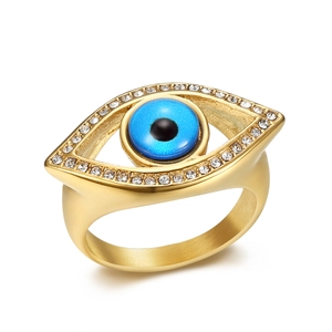 Hip Hop Evil Eye Stainless Steel Ring Gold Plated Rhinestone Blue Angel Eye Punk Finger Ring For Men Women Fashion Jewelry
