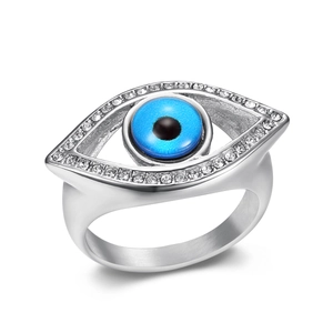 Gold plated stainless steel ring with blue evil eye design and white cubic zirconia