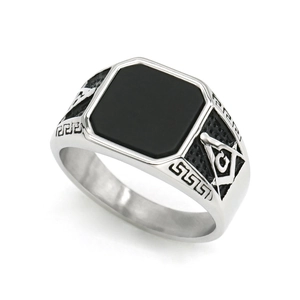 Retro Masonic signet ring for men in silver steel with a square black stone inlay
