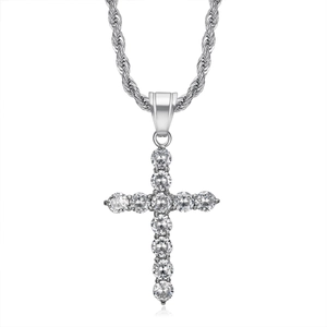 Collier pendentif croix hip hop en argent avec zircons AAA et chaîne corde