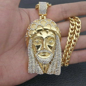 Collana hip-hop con ciondolo testa di Gesù placcata in oro con diamanti e catena cubana