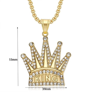 Detailed view of gold plated king crown pendant with 53mm by 39mm dimensions