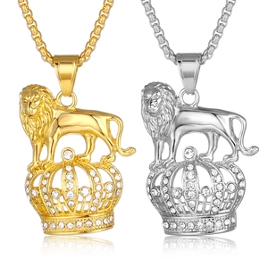 Collier Pendentif Couronne Tête de Lion en Acier Titane Hip Hop pour Hommes Femmes Or Argent Strass Incrusté Bijoux de Cou